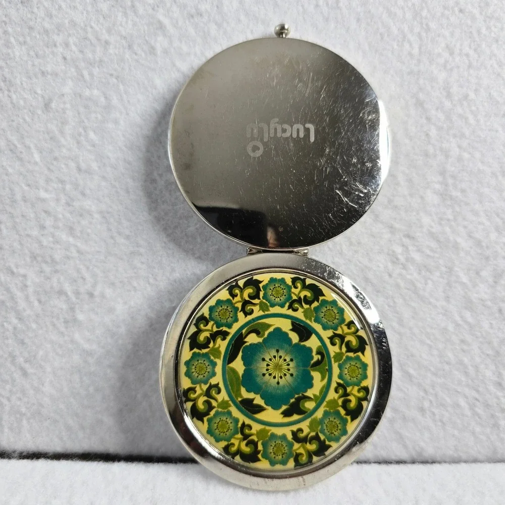 LucyLu Teal Green Floral Mandala Round Compact Mirror Silver Tone